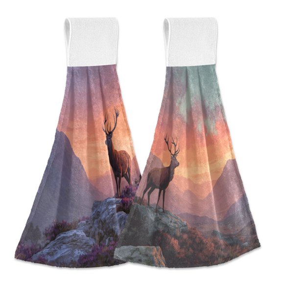 Different Design 2pcs Loop Hanging Bathroom Kitchen Hand Towel A Deer Red Deer