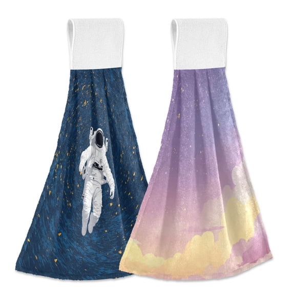 Different Design 2pcs Loop Hanging Bathroom Kitchen Hand Towel A Lonely Astronaut Soft Purple