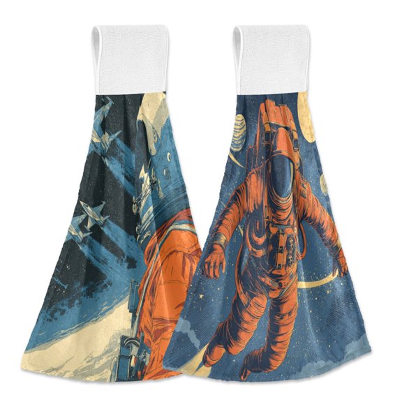 Different Design 2pcs Loop Hanging Bathroom Kitchen Hand Towel An Astronaut A Retro-futuristic Style
