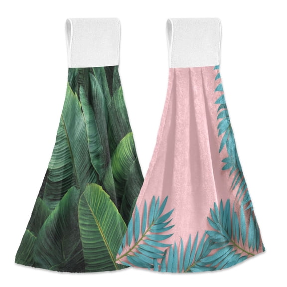 Different Design 2pcs Loop Hanging Bathroom Kitchen Hand Towel Banana Leaves Blue Palm Tree Branch