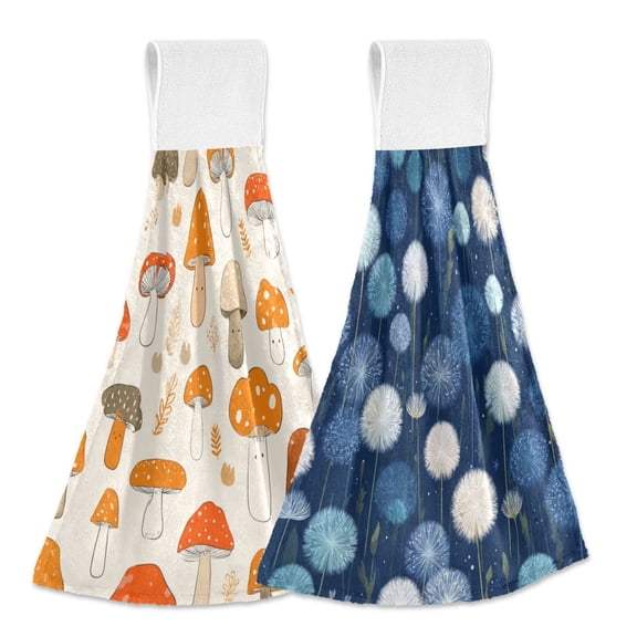 Different Design 2pcs Loop Hanging Bathroom Kitchen Hand Towel Cartoon Mushrooms Blue Dandelion