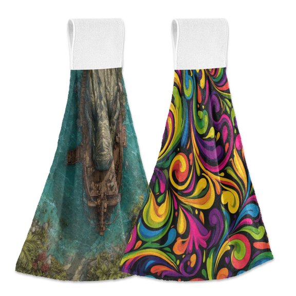 Different Design 2pcs Loop Hanging Bathroom Kitchen Hand Towel Crusoe-style Monster Colorful Swirl Design