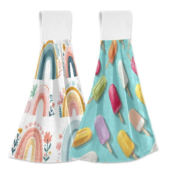 Different Design 2pcs Loop Hanging Bathroom Kitchen Hand Towel Cute Boho Rainbows with Flowers Colorful Summer Popsicles