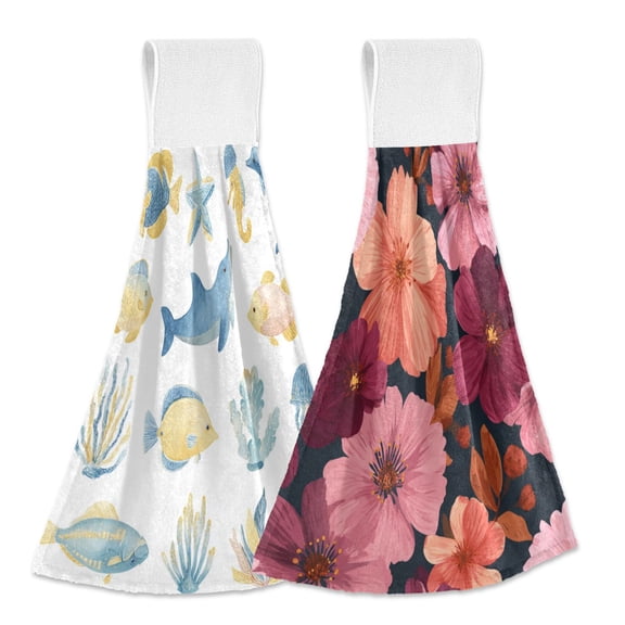 Different Design 2pcs Loop Hanging Bathroom Kitchen Hand Towel Cute Sea Animals Set Vector Autumn and Winter Floral Patterns