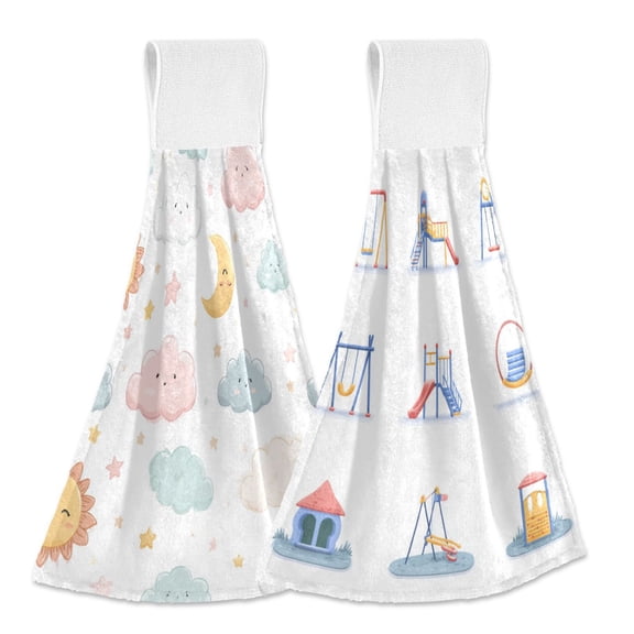 Different Design 2pcs Loop Hanging Bathroom Kitchen Hand Towel Cute Sun Moon and Stars Childrens Playground Equipment