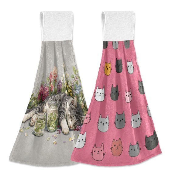 Different Design 2pcs Loop Hanging Bathroom Kitchen Hand Towel Cuttie Cat Cartoon Kitty