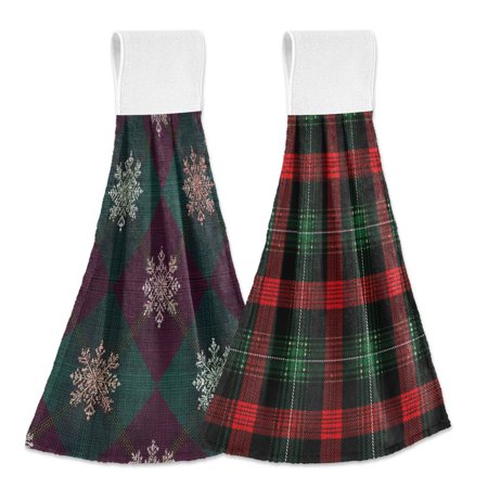 Different Design 2pcs Loop Hanging Bathroom Kitchen Hand Towel Digital Snowflakes Deep Red Tartan Plaid