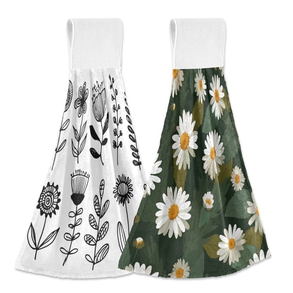 Different Design 2pcs Loop Hanging Bathroom Kitchen Hand Towel Doodle Folk Art Element Dark Olive Green Leaves