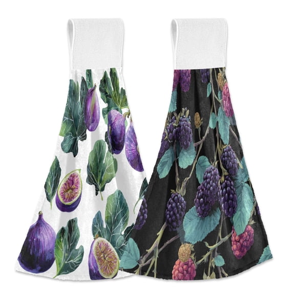 Different Design 2pcs Loop Hanging Bathroom Kitchen Hand Towel Figs with Leaves Black Berry