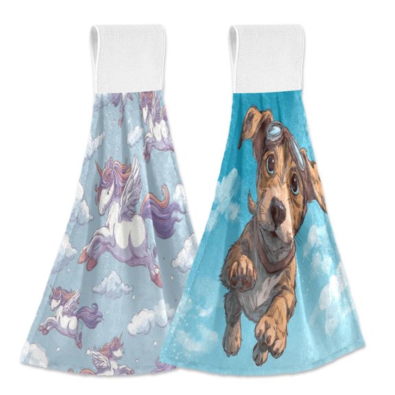 Different Design 2pcs Loop Hanging Bathroom Kitchen Hand Towel Flying Illustration Flying Puppy Illustration