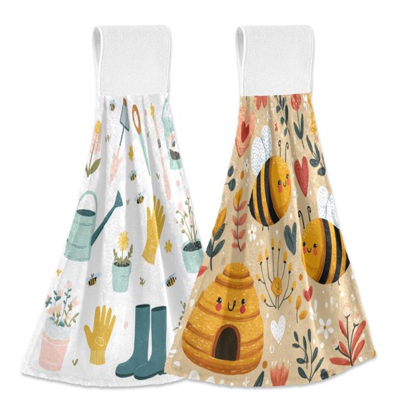 Different Design 2pcs Loop Hanging Bathroom Kitchen Hand Towel Gardening Tools Cute Cartoon Bees