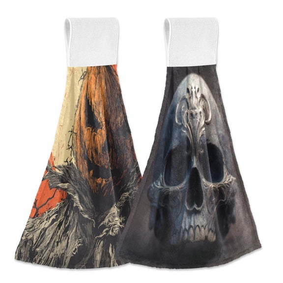 Different Design 2pcs Loop Hanging Bathroom Kitchen Hand Towel Halloween Pumkin Half Of Skull