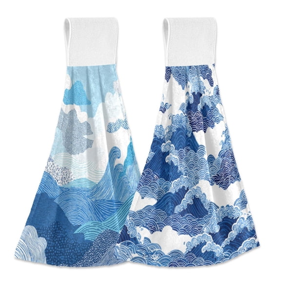 Different Design 2pcs Loop Hanging Bathroom Kitchen Hand Towel Hand Drawn Doodle Pattern Pattern with Blue Waves