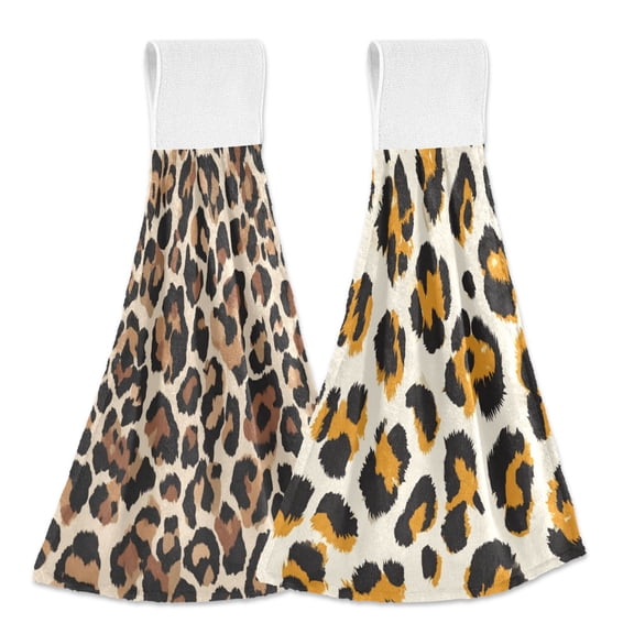 Different Design 2pcs Loop Hanging Bathroom Kitchen Hand Towel Leopard Print Leopard