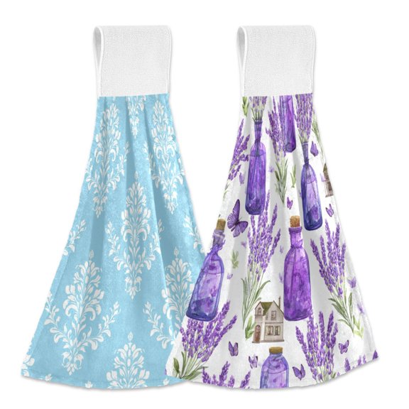 Different Design 2pcs Loop Hanging Bathroom Kitchen Hand Towel Light Blue Background Lavender Oil Bottle