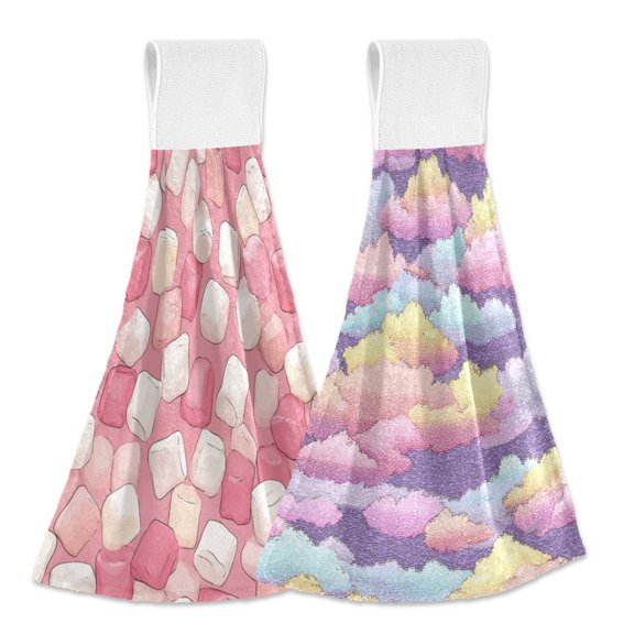 Different Design 2pcs Loop Hanging Bathroom Kitchen Hand Towel Marshmallow Macaron-colored Clouds