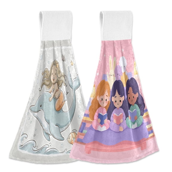 Different Design 2pcs Loop Hanging Bathroom Kitchen Hand Towel Mermaid and Dolphin Cute Doodle Drawings