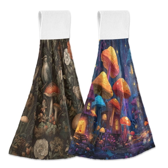 Different Design 2pcs Loop Hanging Bathroom Kitchen Hand Towel Mushrooms Vector Illustration Magic Mushroom