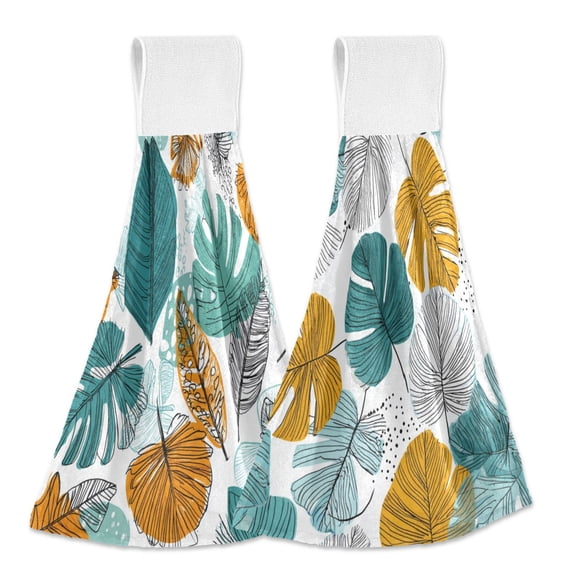 Different Design 2pcs Loop Hanging Bathroom Kitchen Hand Towel Orange and Teal Flat Color Blocks Doodle Art