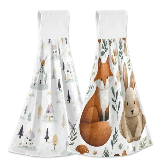Different Design 2pcs Loop Hanging Bathroom Kitchen Hand Towel Pastel Colors Mushrooms Evergreen Leaves