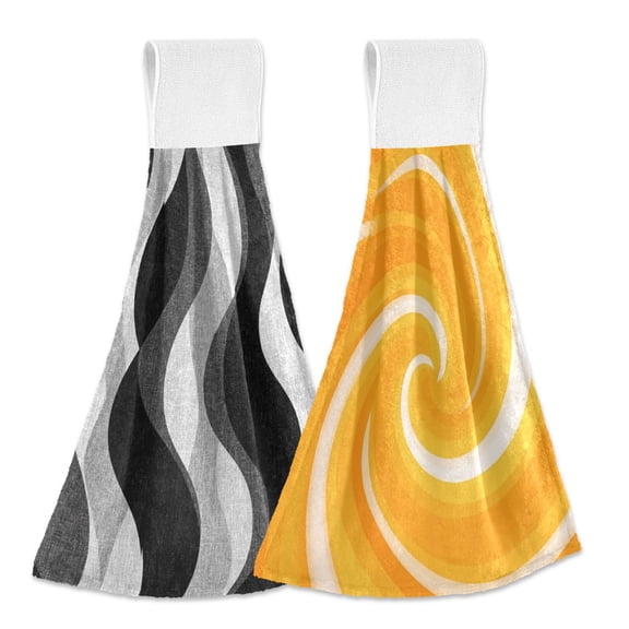 Different Design 2pcs Loop Hanging Bathroom Kitchen Hand Towel Pattern Of Black and White Orange and White Background