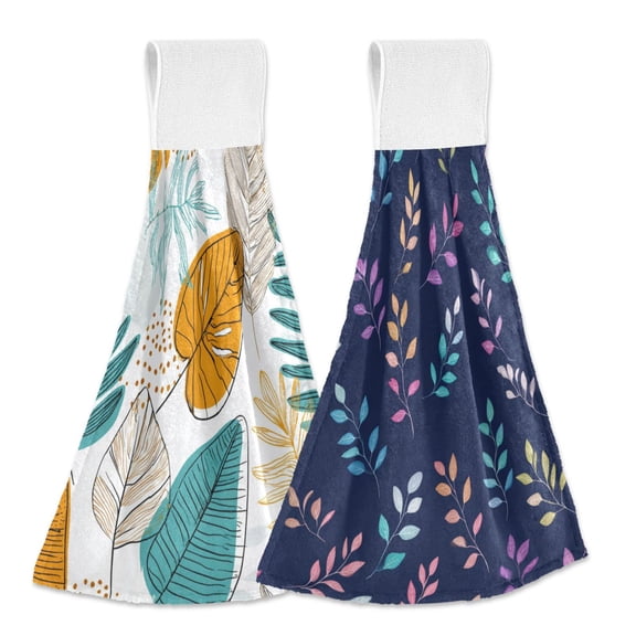 Different Design 2pcs Loop Hanging Bathroom Kitchen Hand Towel Pattern Of Tropical Leaves Seamless Pattern Of Small Pastel