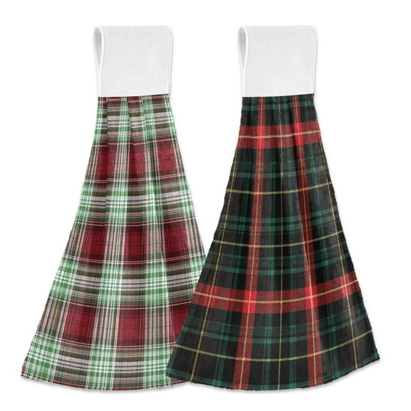 Different Design 2pcs Loop Hanging Bathroom Kitchen Hand Towel Red Green White Plaid Red Green Tartan Plaid