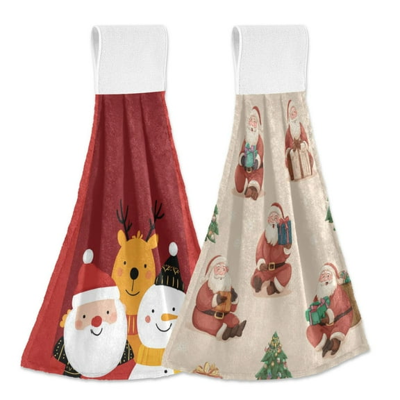 Different Design 2pcs Loop Hanging Bathroom Kitchen Hand Towel Santa Reindeer Santa Various Poses