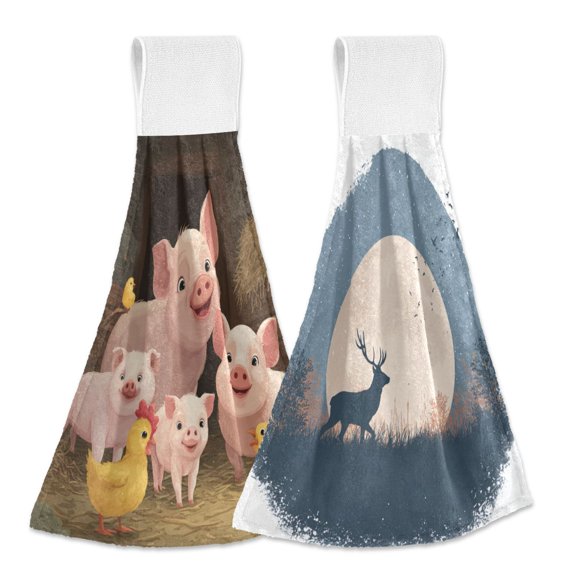 Different Design 2pcs Loop Hanging Bathroom Kitchen Hand Towel Several Piglets and Chicks Silhouette Of A Deer