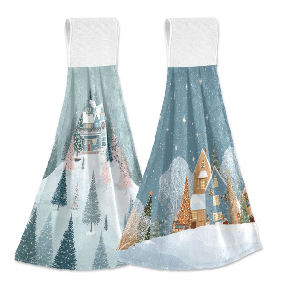 Different Design 2pcs Loop Hanging Bathroom Kitchen Hand Towel Snow-covered Hillside Houses on Snowy Mountains