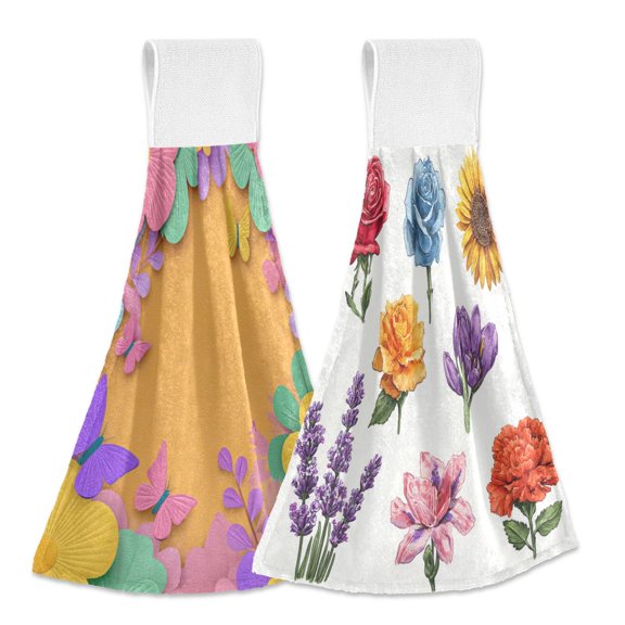 Different Design 2pcs Loop Hanging Bathroom Kitchen Hand Towel Spring Florals Background Set Of Vector Flowers