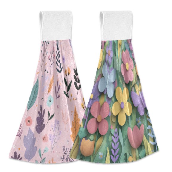 Different Design 2pcs Loop Hanging Bathroom Kitchen Hand Towel Spring Flowers Spring Florals
