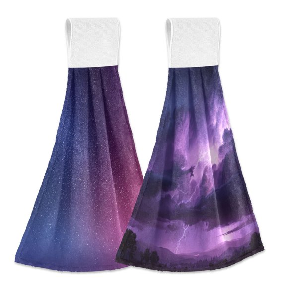 Different Design 2pcs Loop Hanging Bathroom Kitchen Hand Towel Starry Sky Galaxy Purple Storm with Lightning