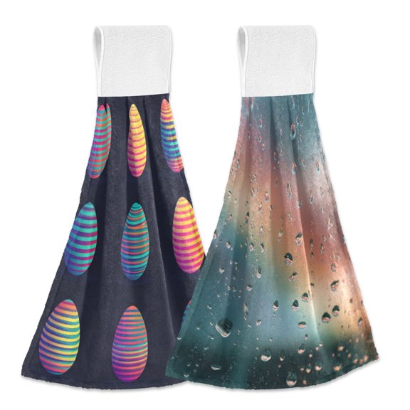 Different Design 2pcs Loop Hanging Bathroom Kitchen Hand Towel Striped Gradient Eggs Raindrops on Window Glass