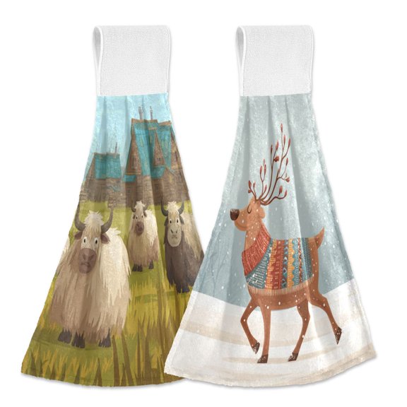 Different Design 2pcs Loop Hanging Bathroom Kitchen Hand Towel The Yaks The Reindeer in The Snow