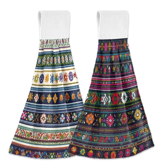 Different Design 2pcs Loop Hanging Bathroom Kitchen Hand Towel Traditional Folk Patterns Seamless Vector Pattern