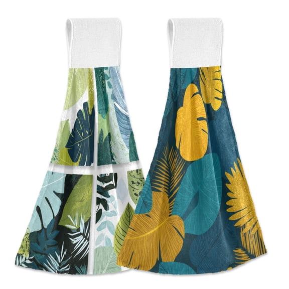 Different Design 2pcs Loop Hanging Bathroom Kitchen Hand Towel Tropical Leaves Illustration Turquoise and Yellow Color