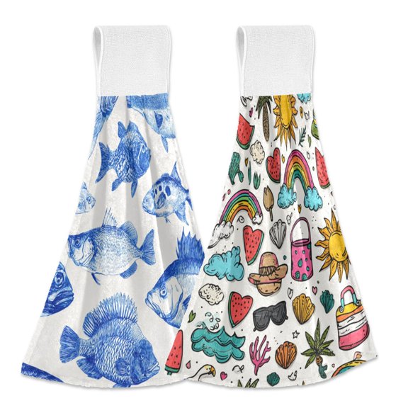 Different Design 2pcs Loop Hanging Bathroom Kitchen Hand Towel Various Fishes Summer Elements Sticker