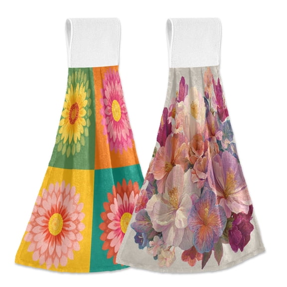 Different Design 2pcs Loop Hanging Bathroom Kitchen Hand Towel Vector Designs Vairous Flowers