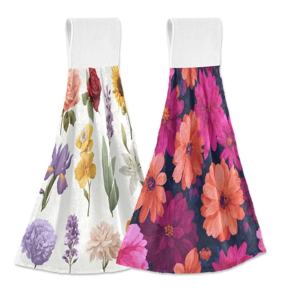 Different Design 2pcs Loop Hanging Bathroom Kitchen Hand Towel Vector Florals High-resolution Floral