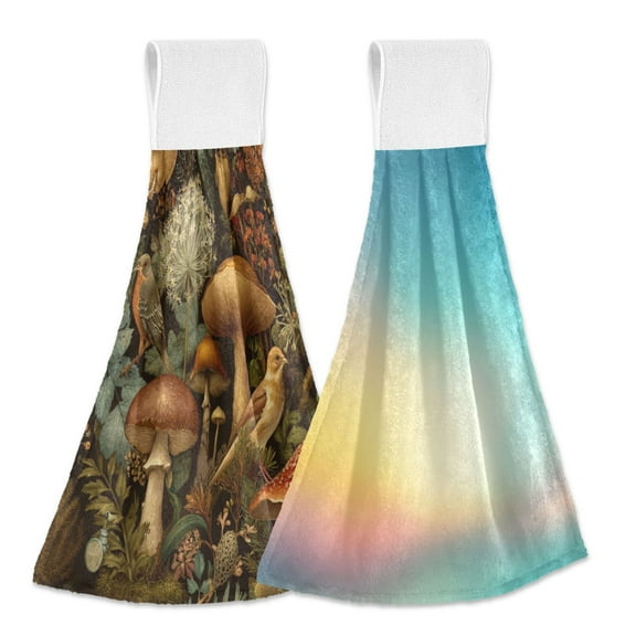 Different Design 2pcs Loop Hanging Bathroom Kitchen Hand Towel Vintage Botanical Illustrations Abstract Blurred Background