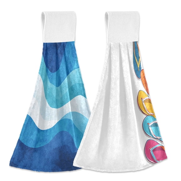 Different Design 2pcs Loop Hanging Bathroom Kitchen Hand Towel Wavy Pattern in Blue and White Summer Colorful Flip Flops