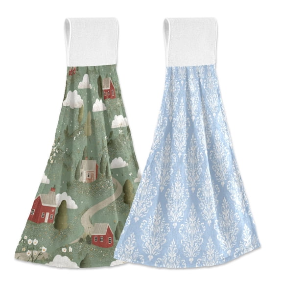 Different Design 2pcs Loop Hanging Bathroom Kitchen Hand Towel White Flowers Scattered White Damask