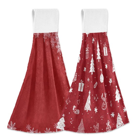 Different Design 2pcs Loop Hanging Bathroom Kitchen Hand Towel White Snowflake Pattern White Santa Icon
