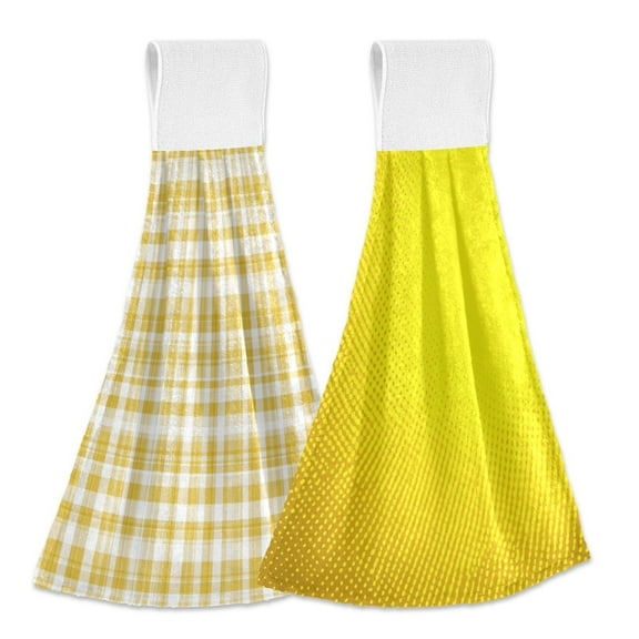 Different Design 2pcs Loop Hanging Bathroom Kitchen Hand Towel Yellow Gingham Pattern Yellow Background