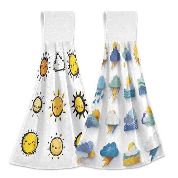 Different Design 2pcs Loop Hanging Bathroom Kitchen Hand Towel Yellow Sun Icons Weather Icons Vector Style