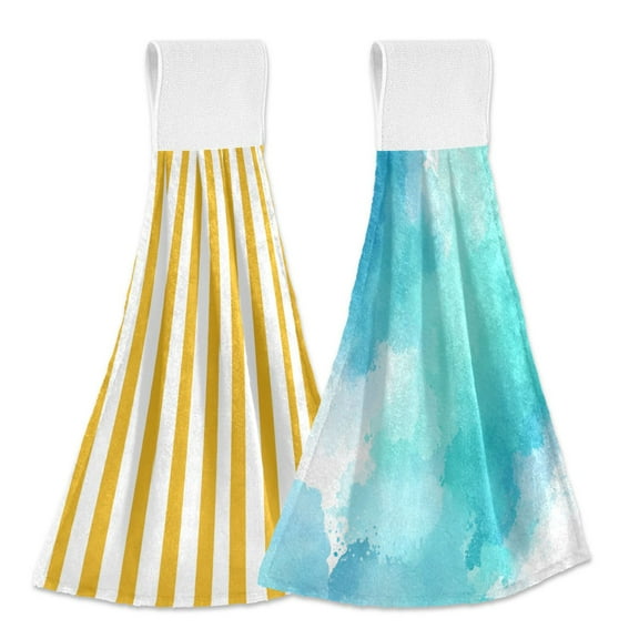Different Design 2pcs Loop Hanging Bathroom Kitchen Hand Towel Yellow and White Stripes Watercolor Light Blue
