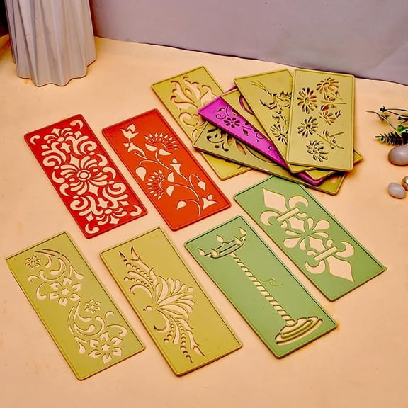 Different Design Ready to Draw Rangoli Making Stencils, Rangoli Plastic Stencils for Floor Decoration (Set of 12, Size 3x7 Inch)