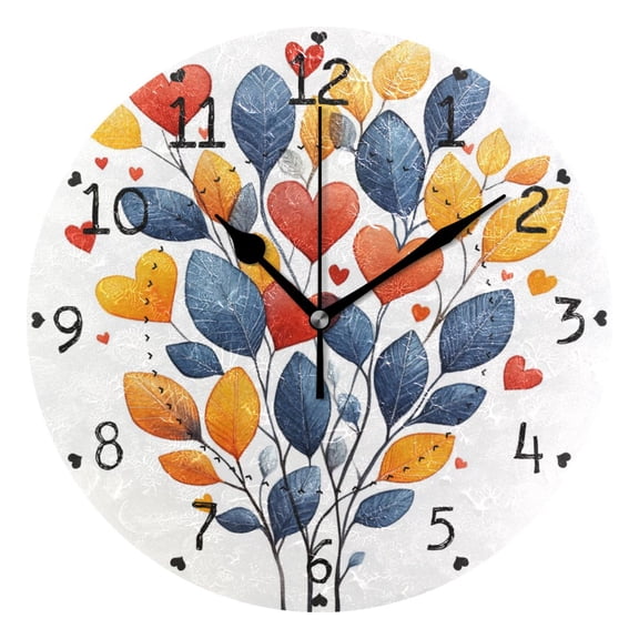 Different Leaves Grow Love Round Wall Clock Silent Battery Operated Home Decor for Living Room Bedroom
