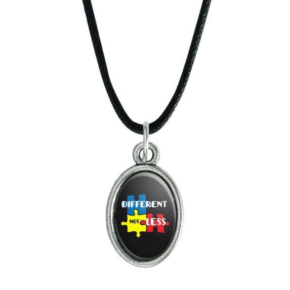 Different Not Less Autism Puzzle Pieces Antiqued Oval Charm Pendant with Black Satin Cord